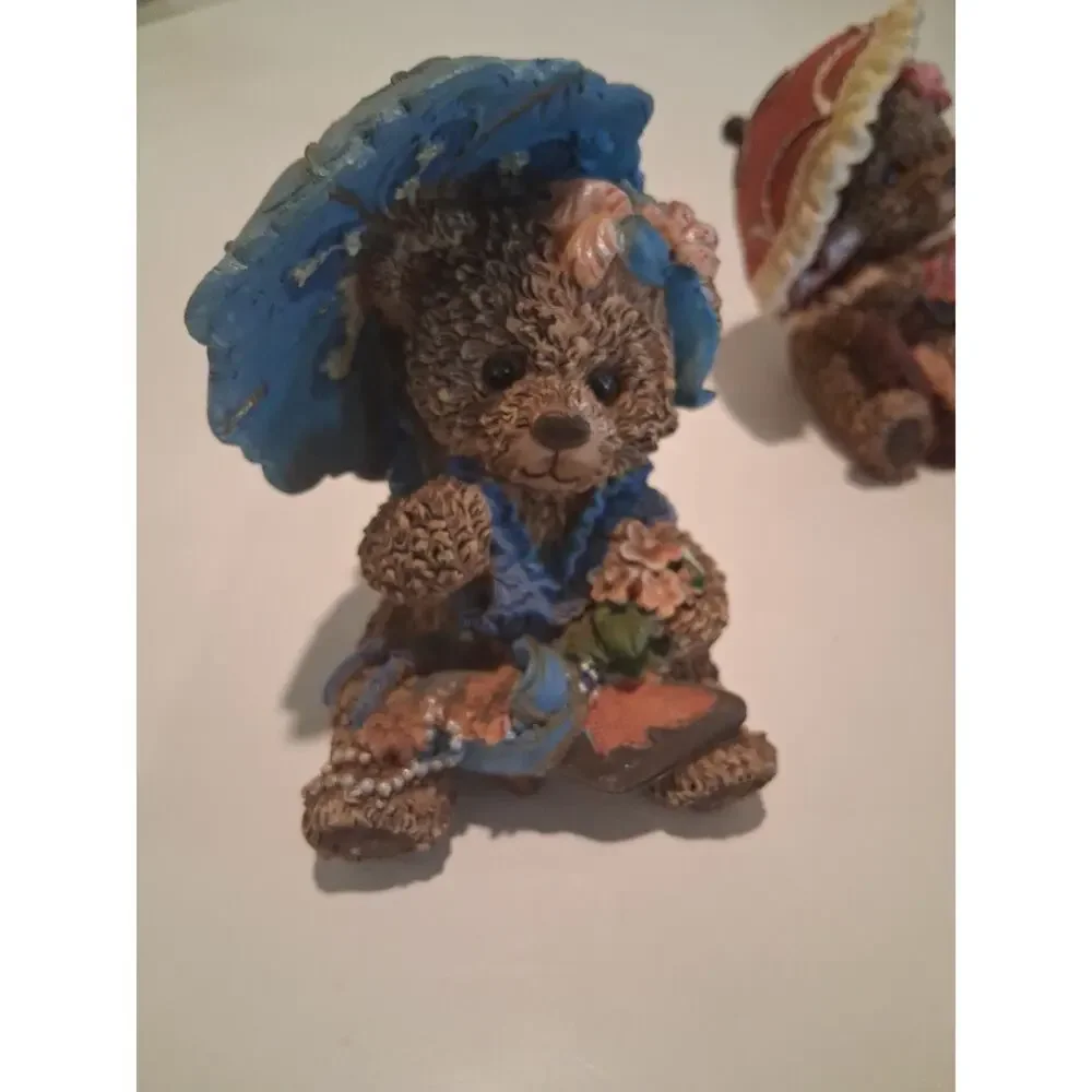 Vintage Resin Teddy Bear Figurines Lot Of 2 Dressed Girl Bears Hats Umbrella